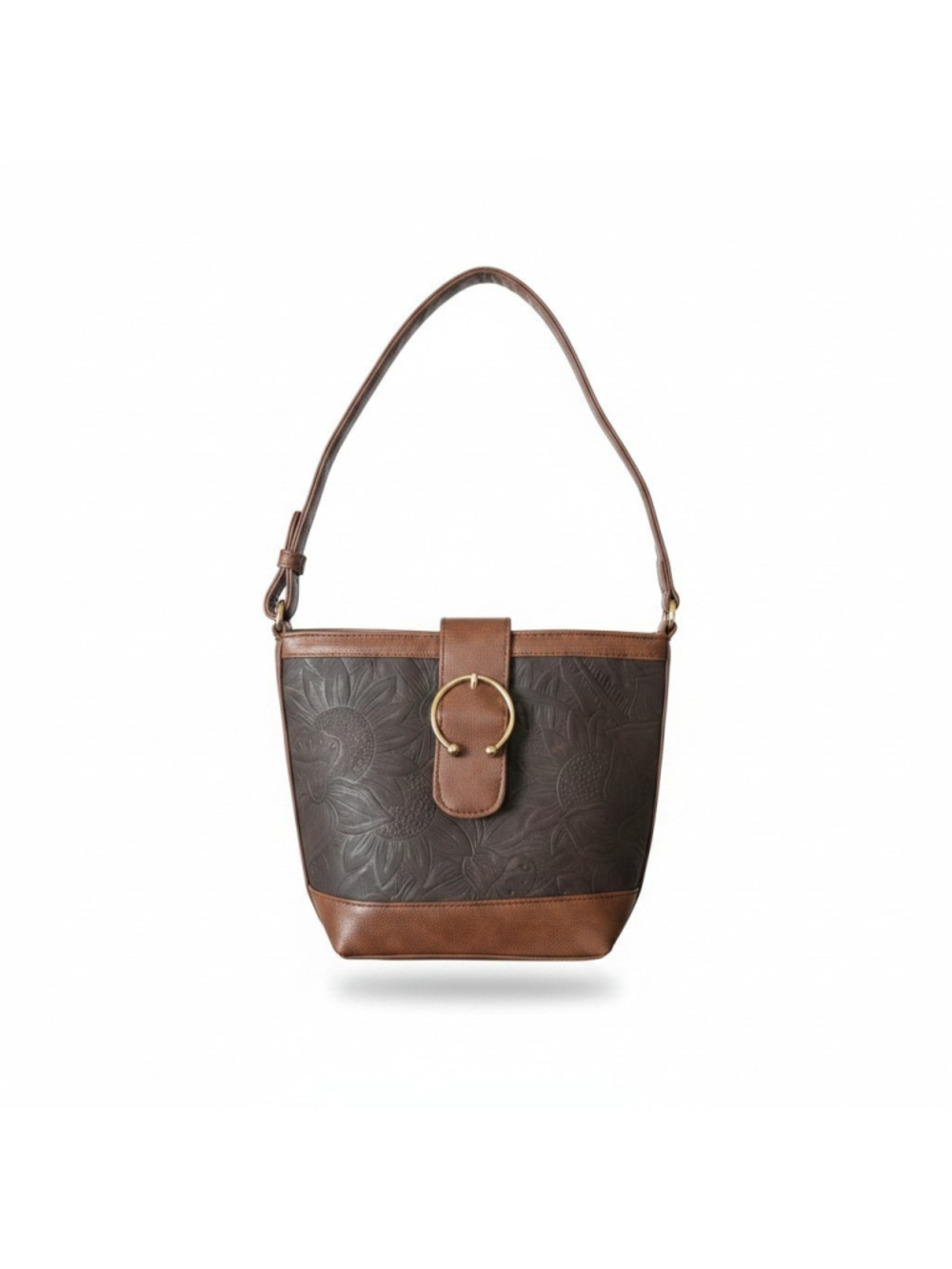 Buckle Dark Brown Floral Embossed Tooled Artisan LEATHER Shoulder Bucket Bag